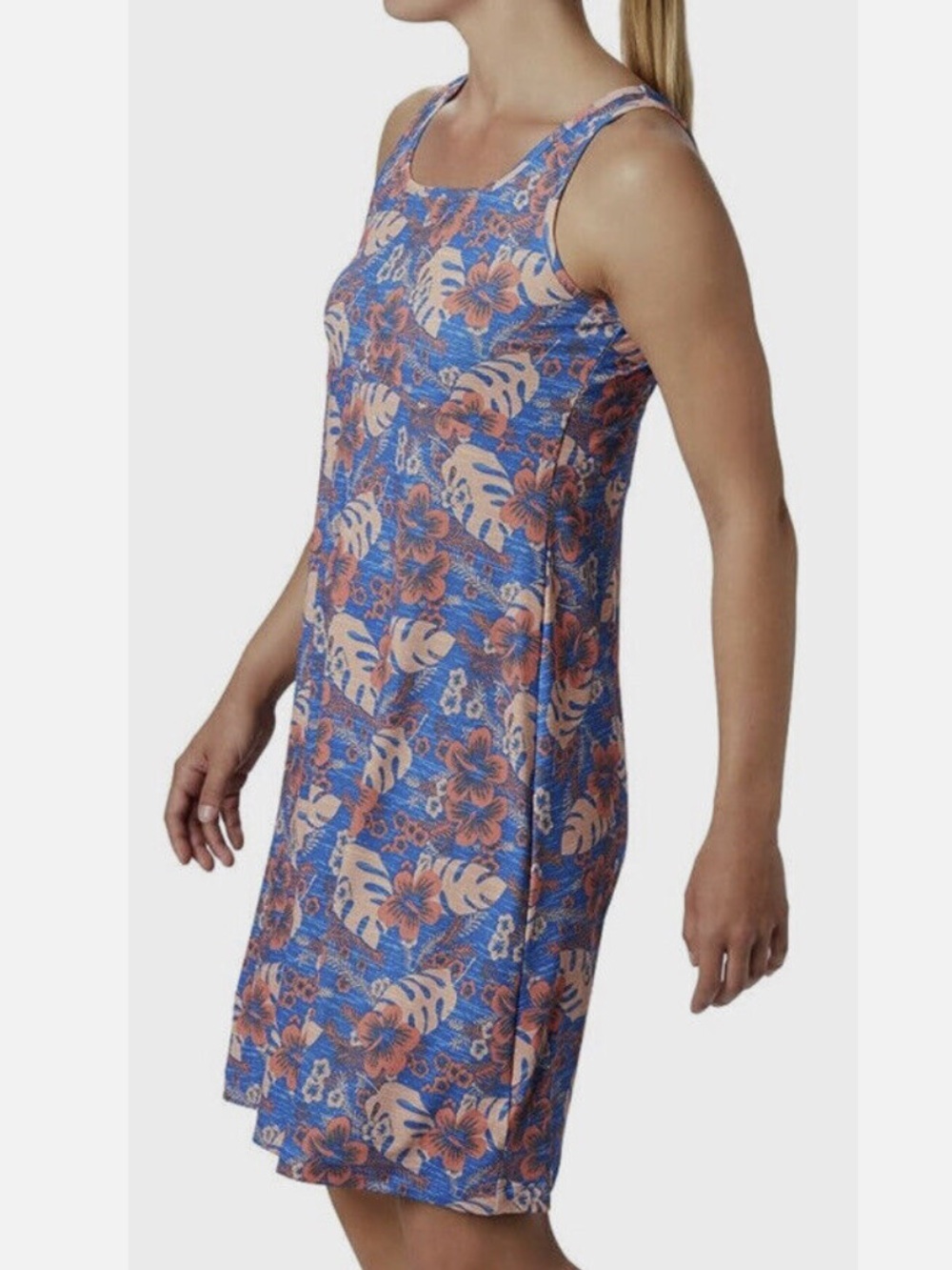 Columbia blue and pink leaf/flower print athletic material dress